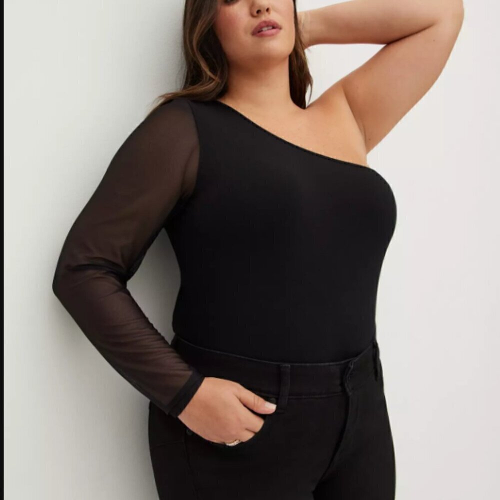 Torrid Foxy One Shoulder Mesh Sleeve Top DEEP BLACK 3x EUC
